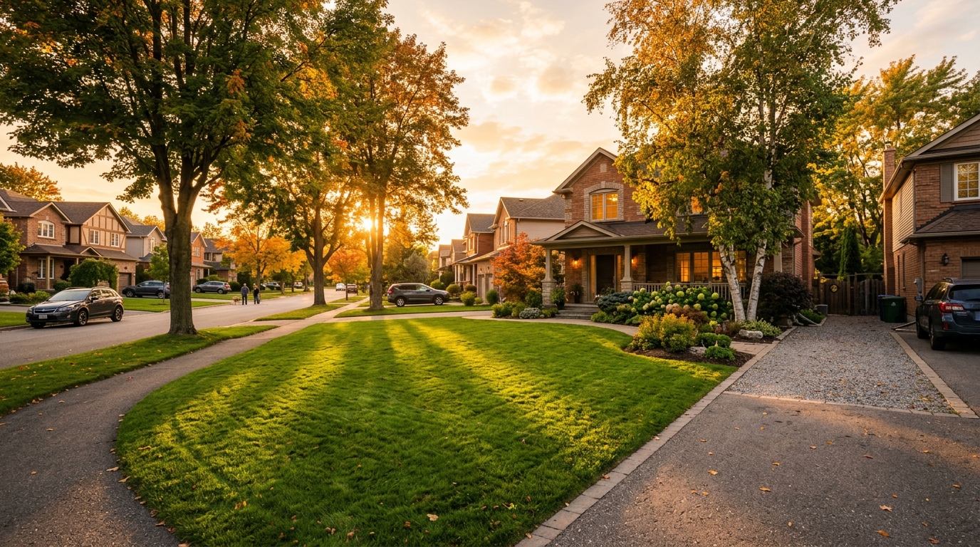 Green residential lawn at golden hour